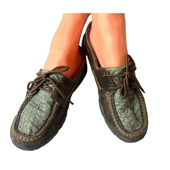 Twisted X Casual Shoe Women 6.5M Driving Moc Leather Brown/Teal Snake Skin Print - Picture 2 of 10